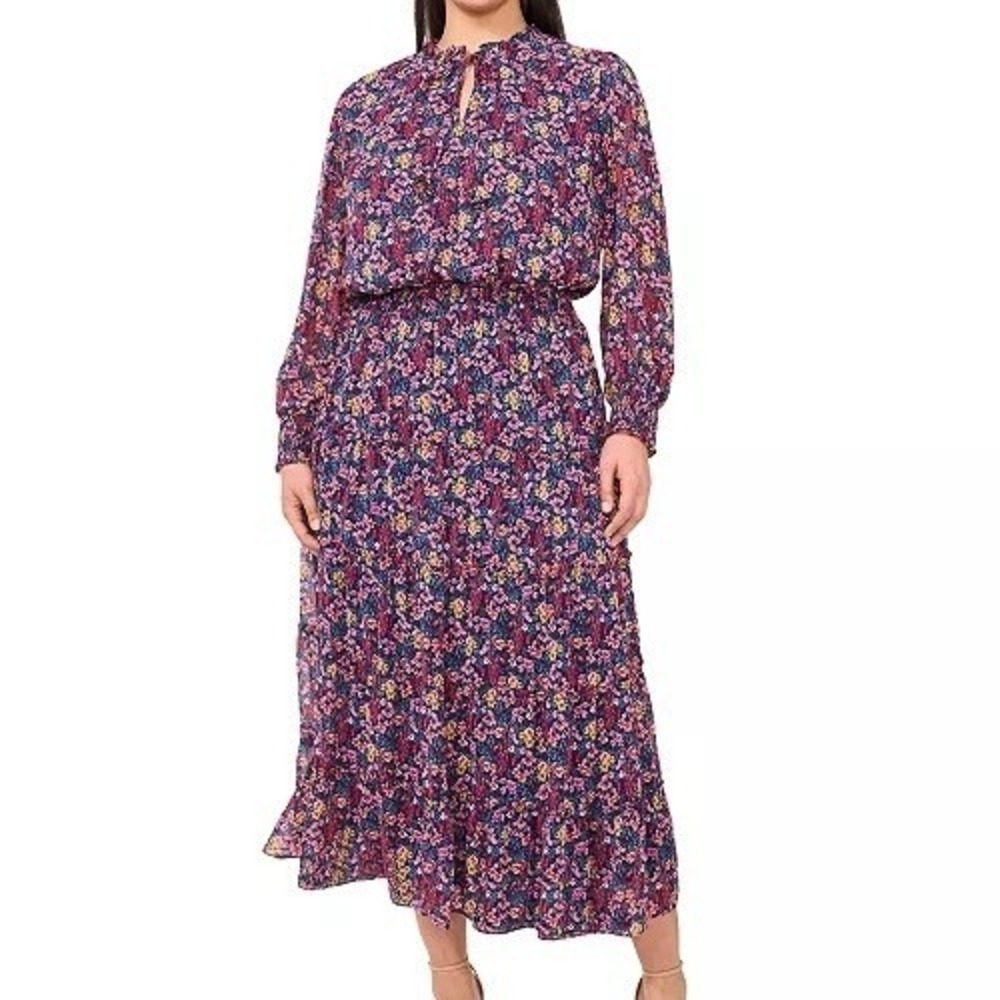 MSK Printed Split Tie Neck Chiffon Maxi A Line Floral Dress Womens Size M NWT